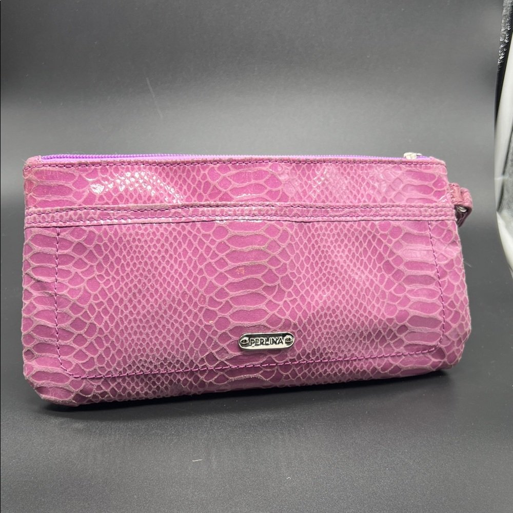 Perlina Lilac Snake Print Leather Wristlet Clutch Multi-Zip Purse
